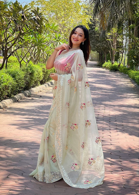 Beautiful Cream Color Designer Soft Silver Tissue Silk Saree