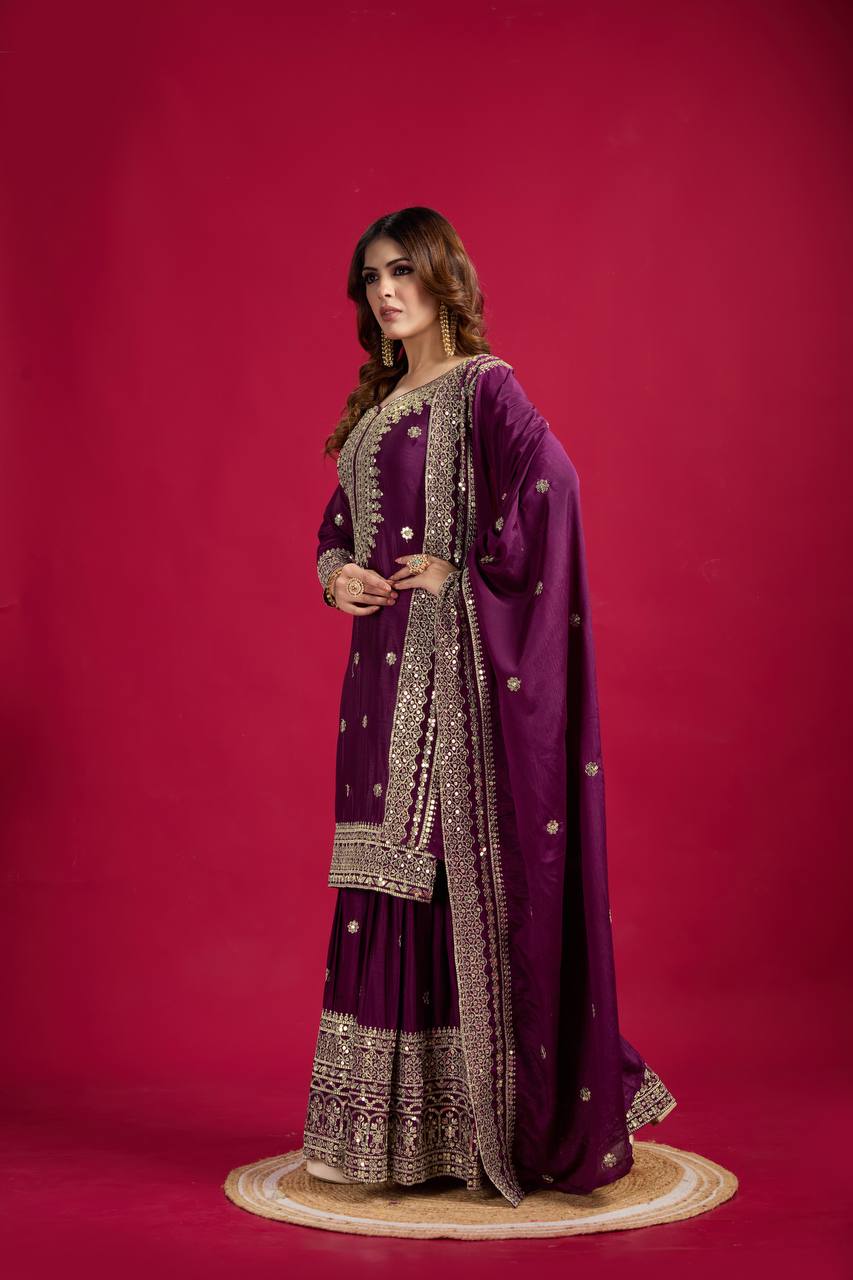 Purple Chinnon Silk With Heavy Embroidery Sequence Work Top-Plazo And Dupatta Set