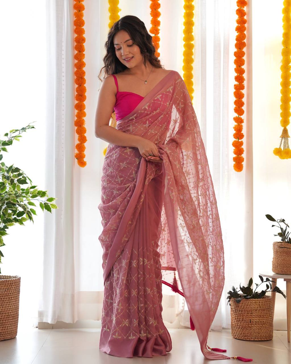 Onion Colour Embroidered Georgette Saree