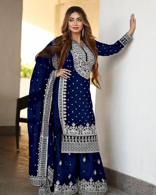 Heavy Faux Georgette Embroidered Royal Blue Gharara Set with Dupatta – Fully Stitched Ethnic Partywear for Women