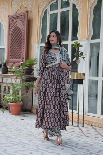 Pure Cotton Dark PInk Kurta Set with Fancy V Neck and Adjustable Waist Bottom