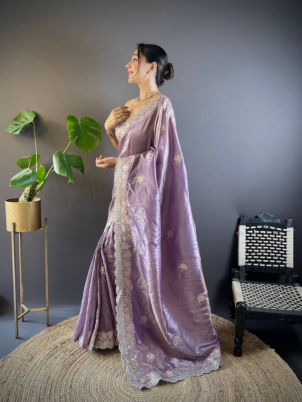 Lavender Embroidered Work Soft Silk Saree