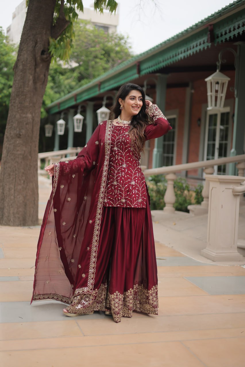 Premium Designer Readymade Maroon Kurti Plazoo Dupatta By Stylish Ethnic