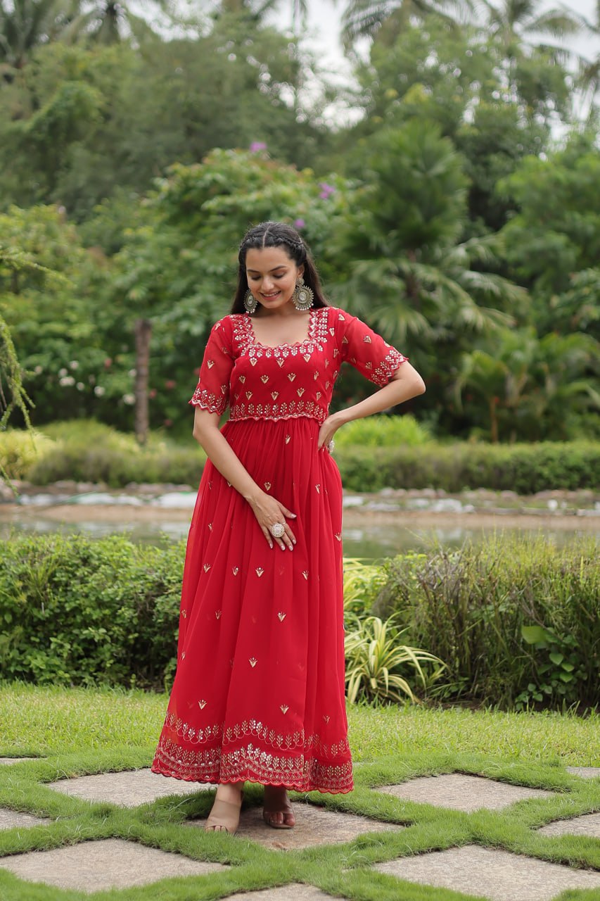 Red Colour Designer Faux Georgette Trending Fully Stitched Long Gown By Stylish Ethnic