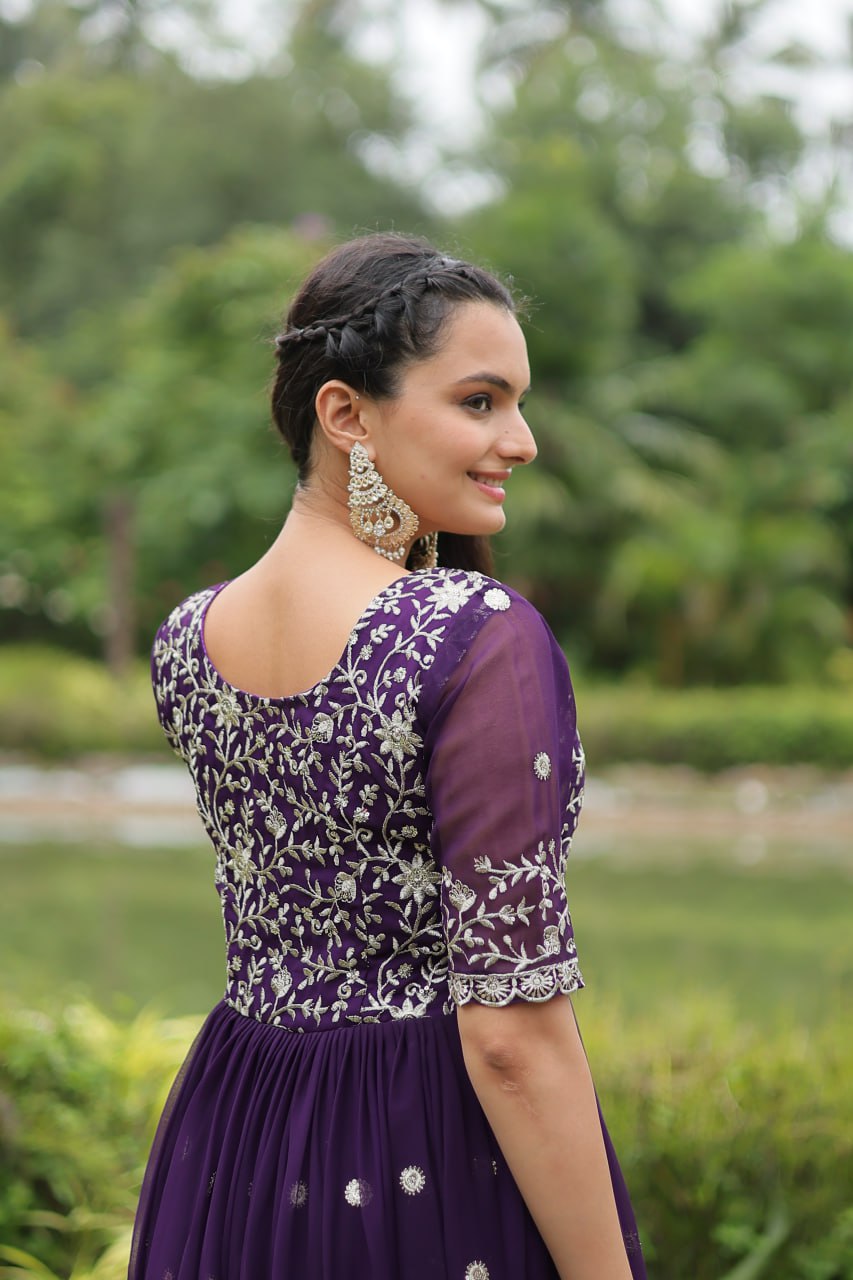 Purple Embroidered Faux Blooming Gown By Stylish Ethnic