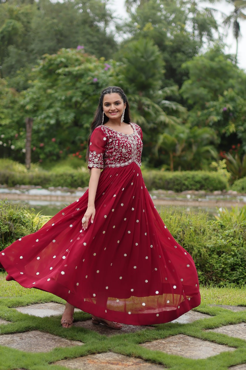 Maroon Embroidered Faux Blooming Gown By Stylish Ethnic