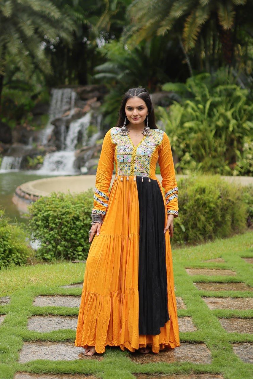 Mustard Color Reyon Gamthi Style Navratri Gown By Stylish Ethnic