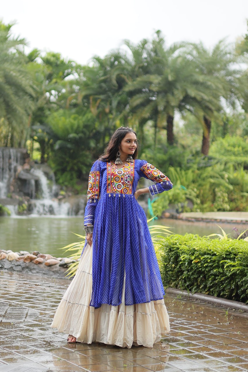 Blue Mirror Work Cotton Navratri Wear Kurti With Lehenga By Stylish Ethnic