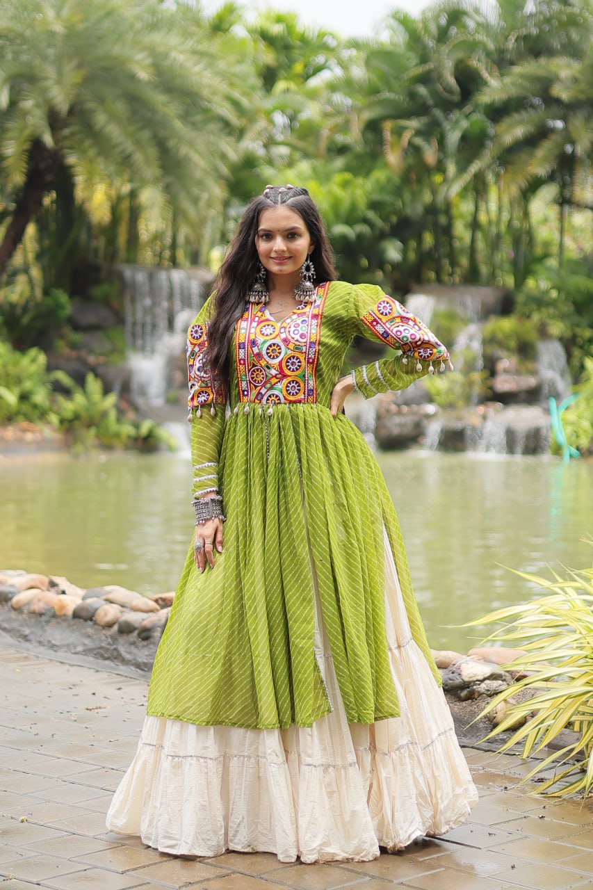 Mother Daughter Matching Lehenga With Gamthi Work Pista Green Navaratri Combo By Stylish Ethnic