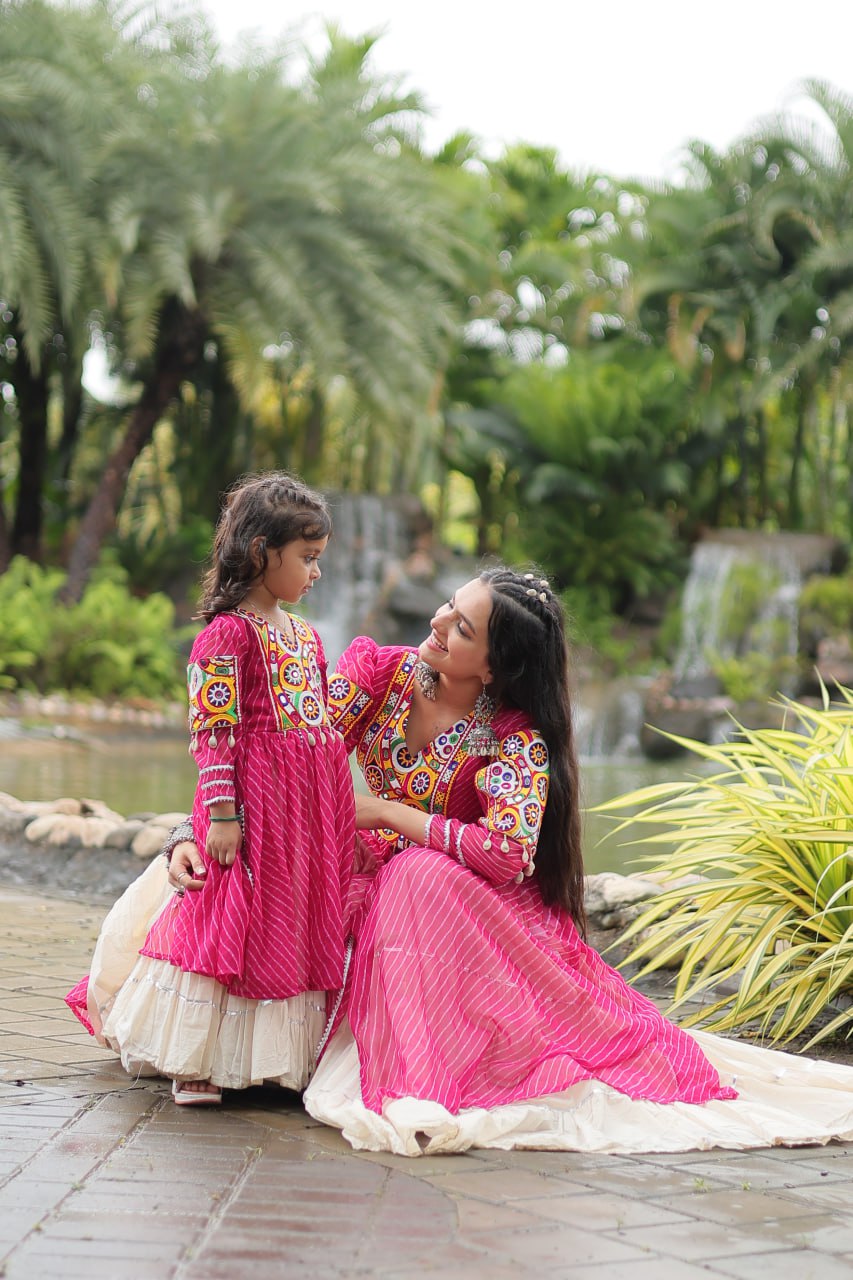 Mother Daughter Matching Lehenga With Gamthi Work Rani Pink Green Navaratri Combo By Stylish Ethnic