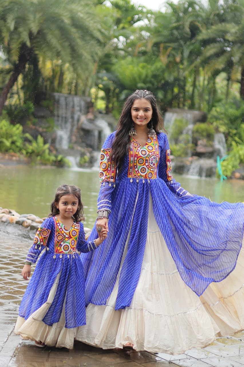 Mother Daughter Matching Lehenga With Gamthi Work Blue Green Navaratri Combo By Stylish Ethnic