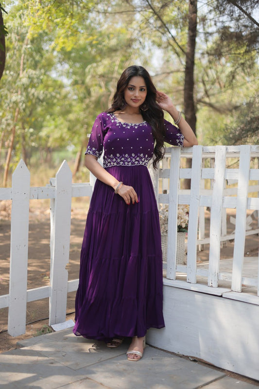 Purple Zari Embroidered Georgette Gown By Stylish Ethnic