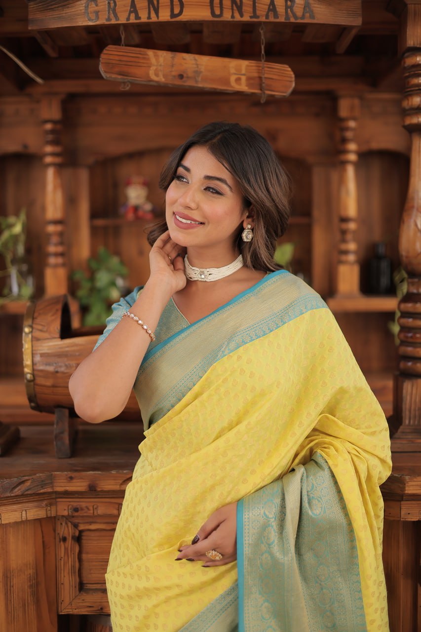 Yellow Color Kanjivaram Soft Silk Saree By Stylish Ethnic