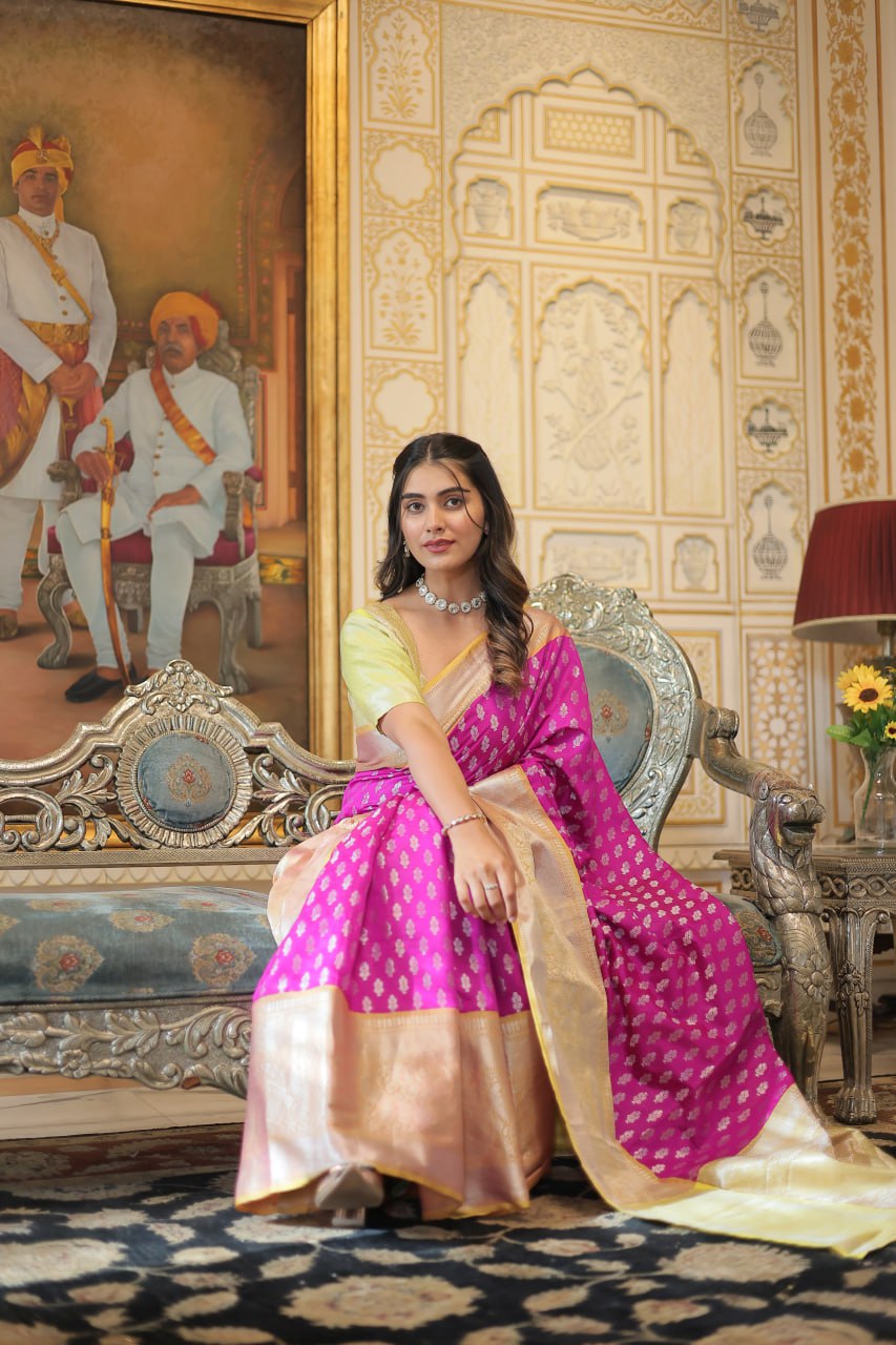 Hot Pink Banarasi Silk Saree By Stylish Ethnic