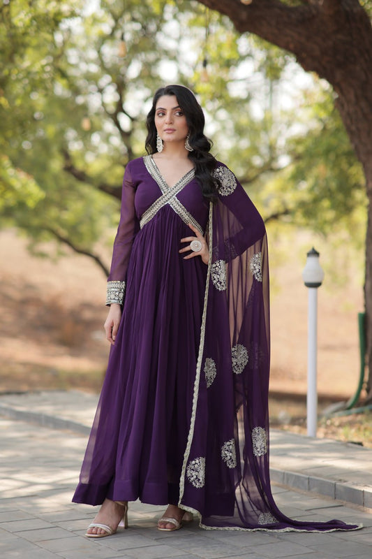 Purple Zari Sequin Embroidered Faux Blooming Gown By Stylish Ethnic