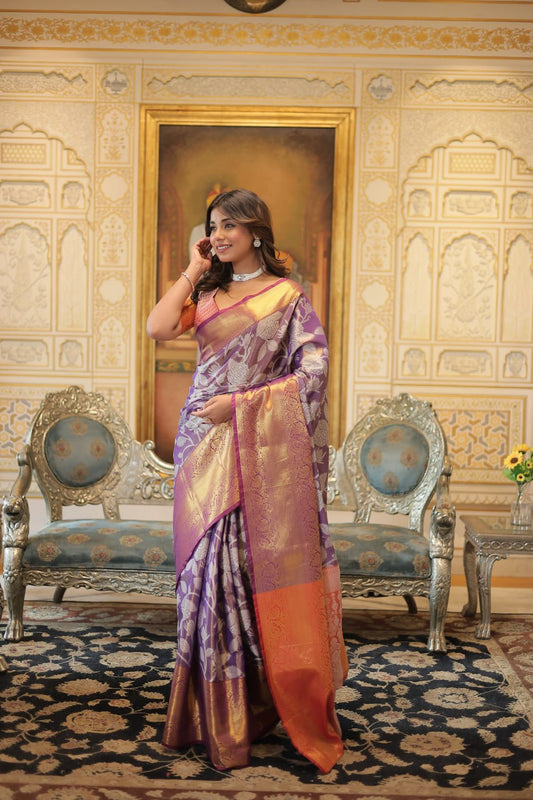 Exquisite Kanjivaram Silk Purple Saree with Zari Weaving Work By Stylish Ethnic