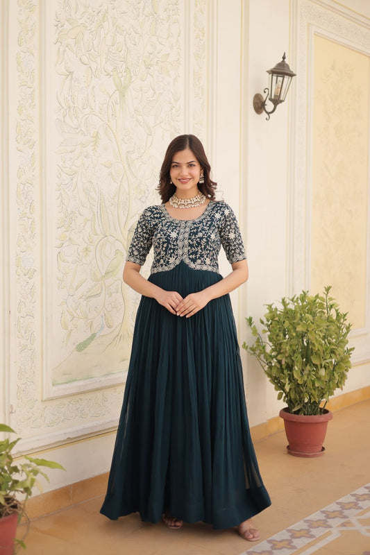 Bottle Green Color Faux Blooming Zari Sequence Embroidered Ethnic Gown By Stylish Ethnic