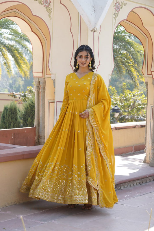 Women Embroidered Thread Work Georgette Yellow Anarkali Kurta By Stylish Ethnic