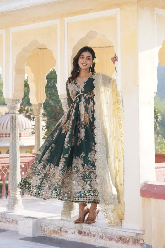 Green Zari Sequin Embroidered Russian Silk Gown With Dupatta By Stylish Ethnic