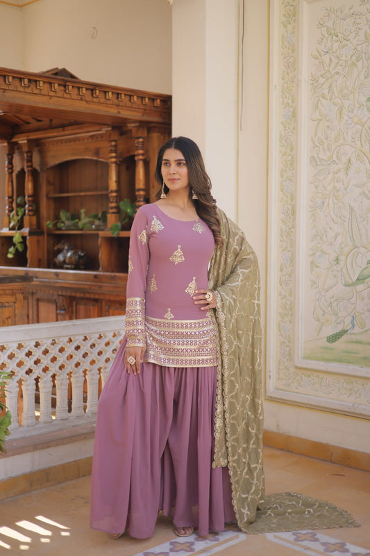 Cascade Lavender Stunning Faux Georgette Kurti-Palazzo-Dupatta Set with Sequin & Thread Embroidery