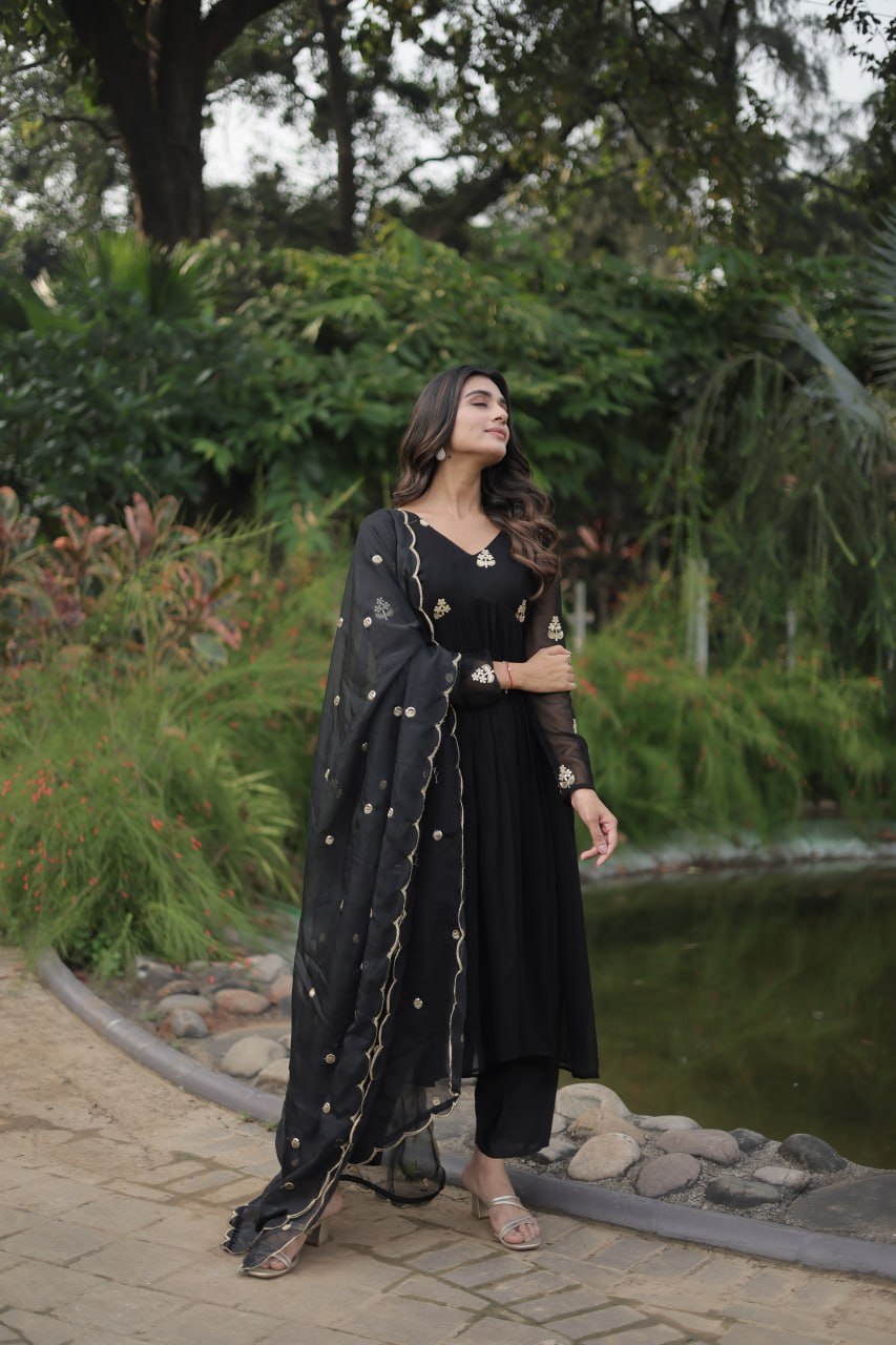 Black Nayra Cut Anarkali Suit with Embroidery Work