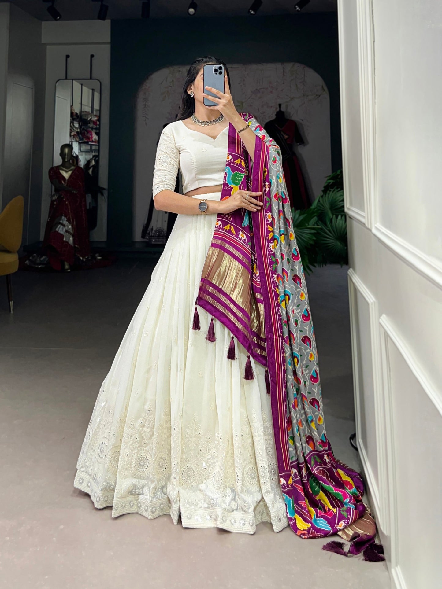 Off White Color Lucknowi Work Lehenga Choli With Gaji Silk Dupatta