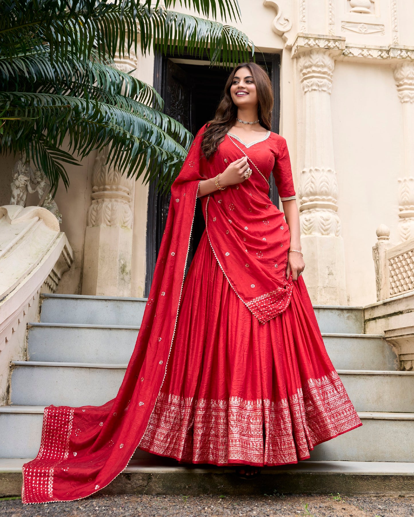 Grace and Beauty Pure Chanderi Sequin Embellished Red Lehenga