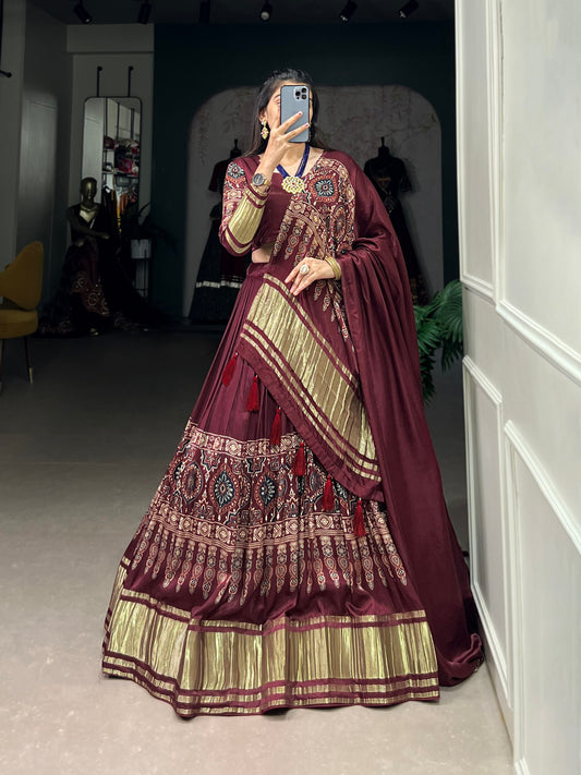 Exquisite Gaji Silk Maroon Lehenga Choli with Digital Print and Lagadi Patta