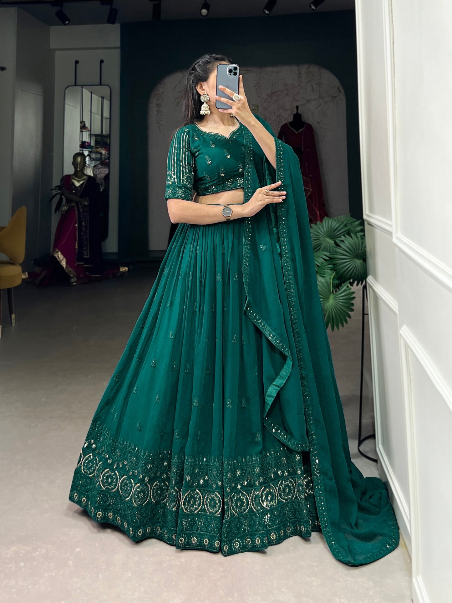 Green Color Sequence Embroidery Work Georgette Lehenga Choli