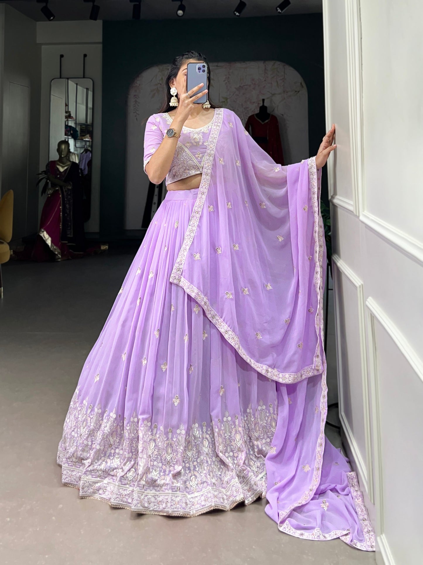 Amazing Lavender Thread Work Georgette Engagement Wear Lehenga Choli