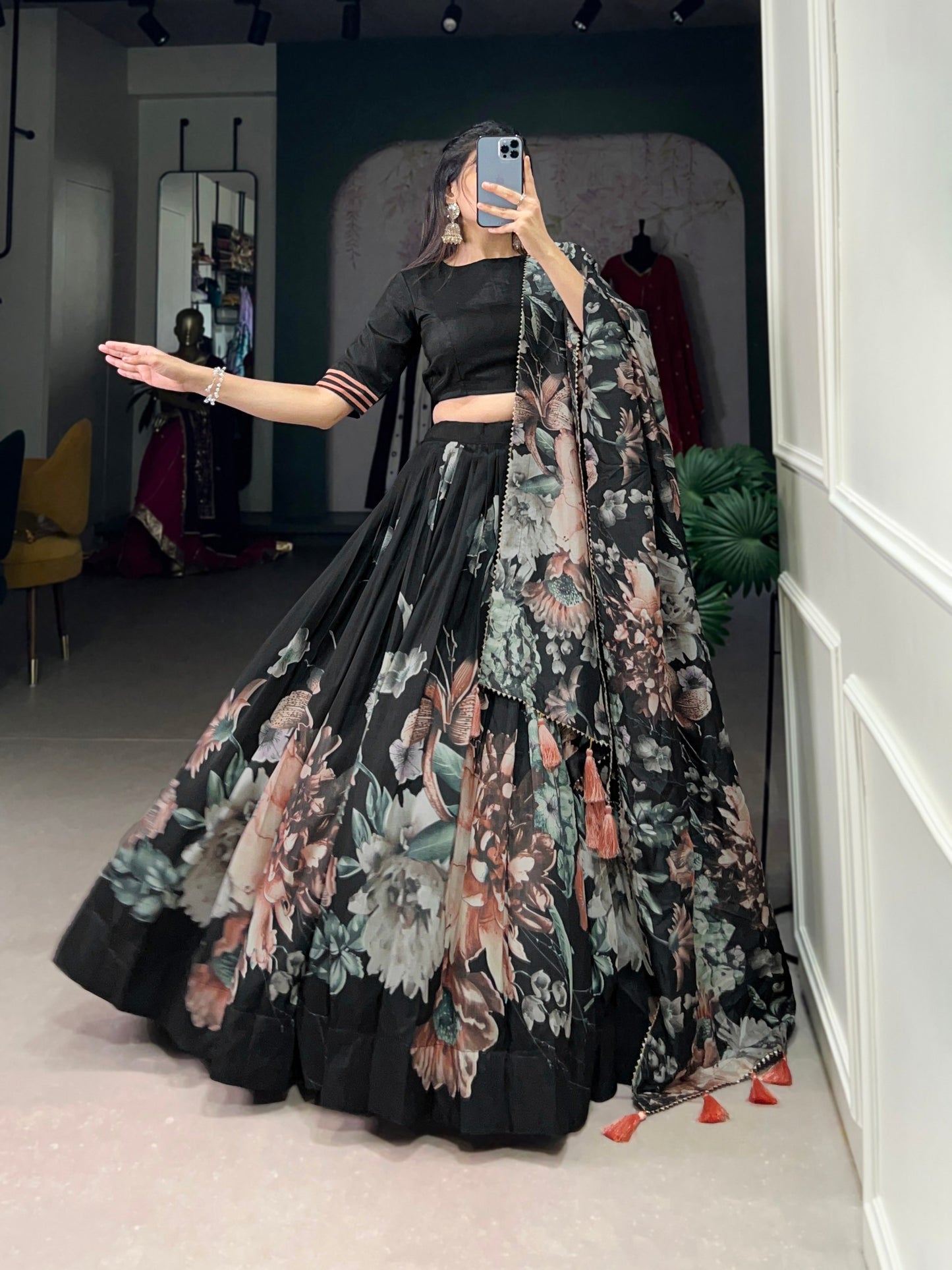 Black Tussar Silk Floral Lehenga choli