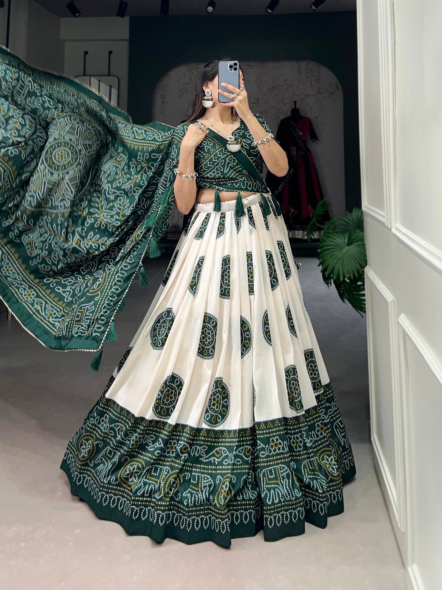 Striking Green Color Bandhani Printed Tussar Silk Event Wear Lehenga Choli