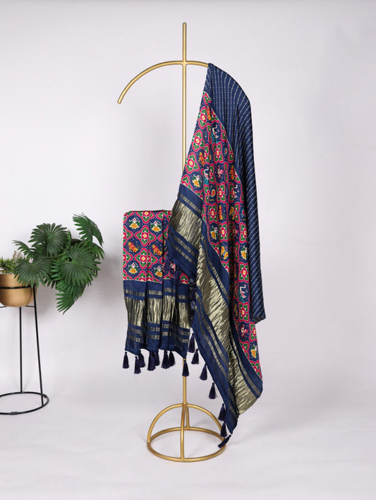 Navy Blue Pure Gaji Silk Dupatta with Tassels