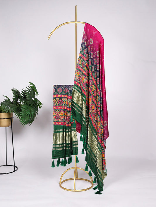 Pink Pure Gaji Silk Floral Print Dupatta with Tassels