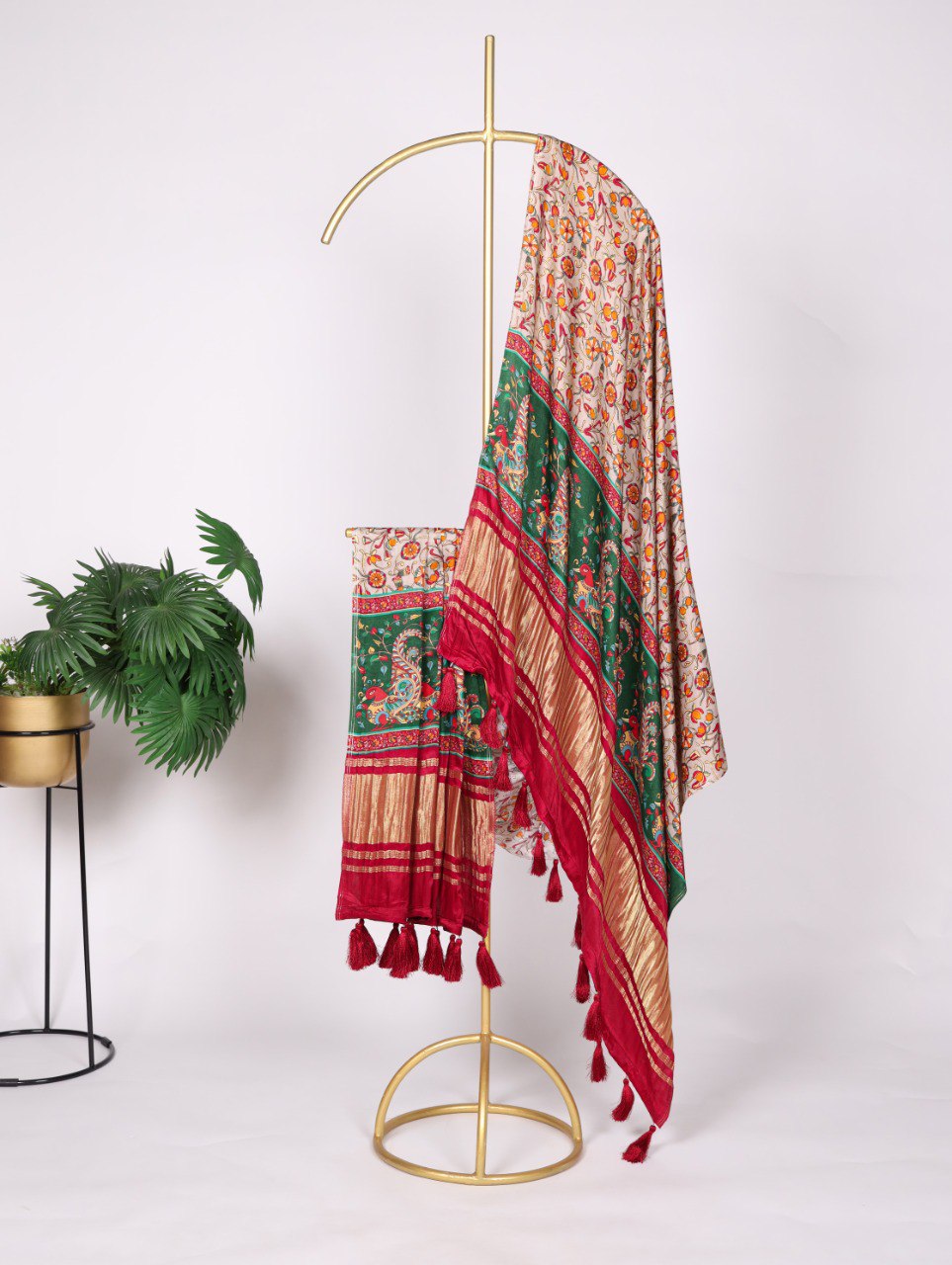 Pure Gaji Silk Floral Print Cream Dupatta with Tassels