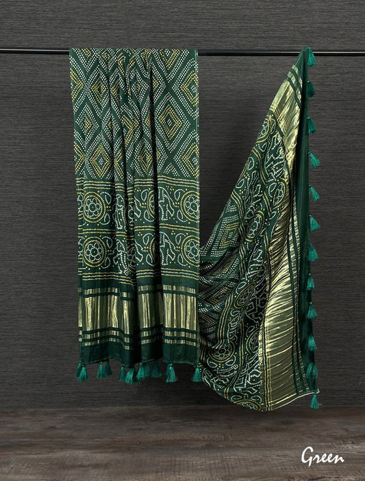 Pure Gaji Silk Bandhni Print Green Colour Dupatta with Tassels