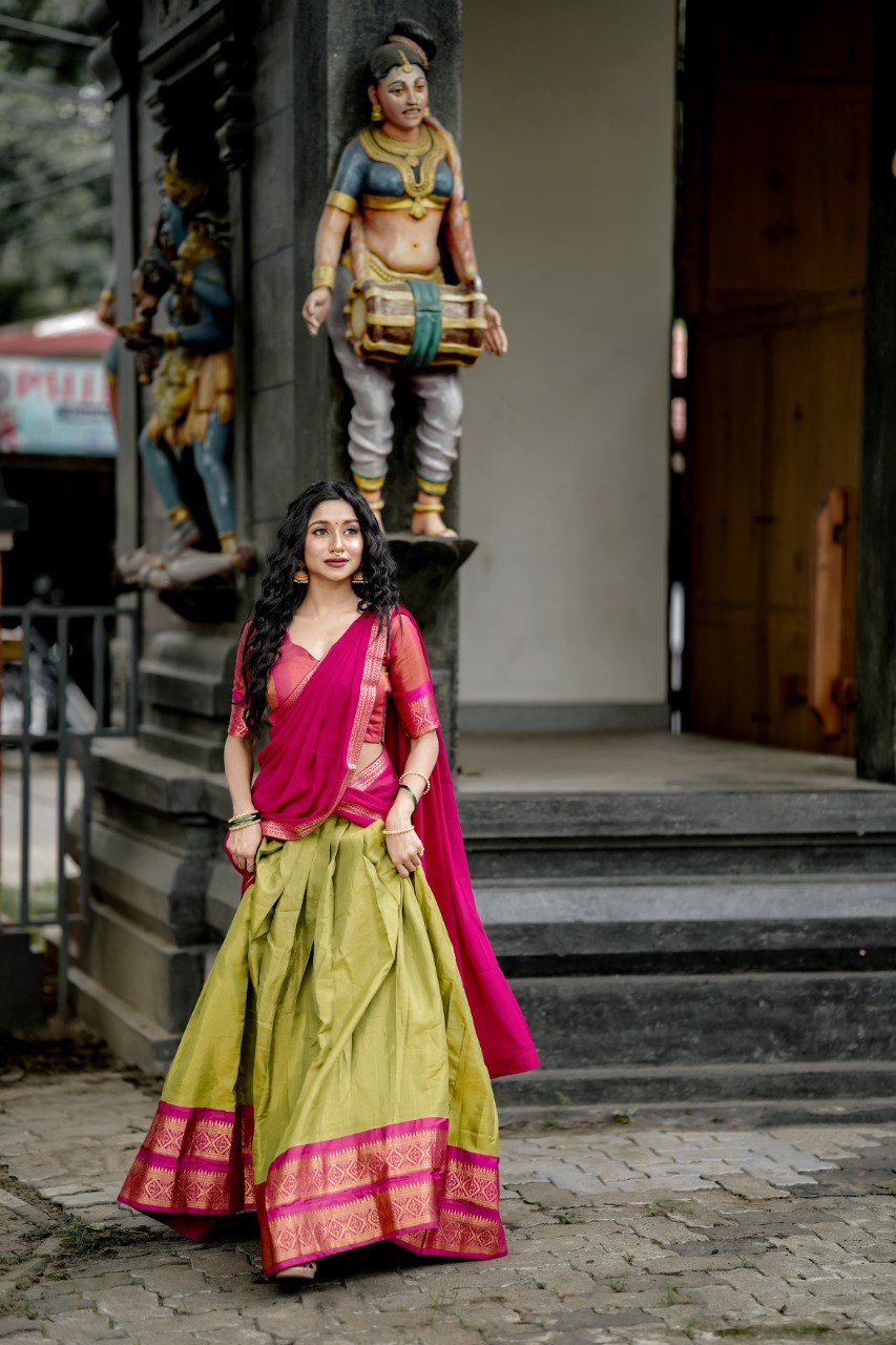 Olive Green & Magenta Woven Kanchipuram Silk Lehenga Choli