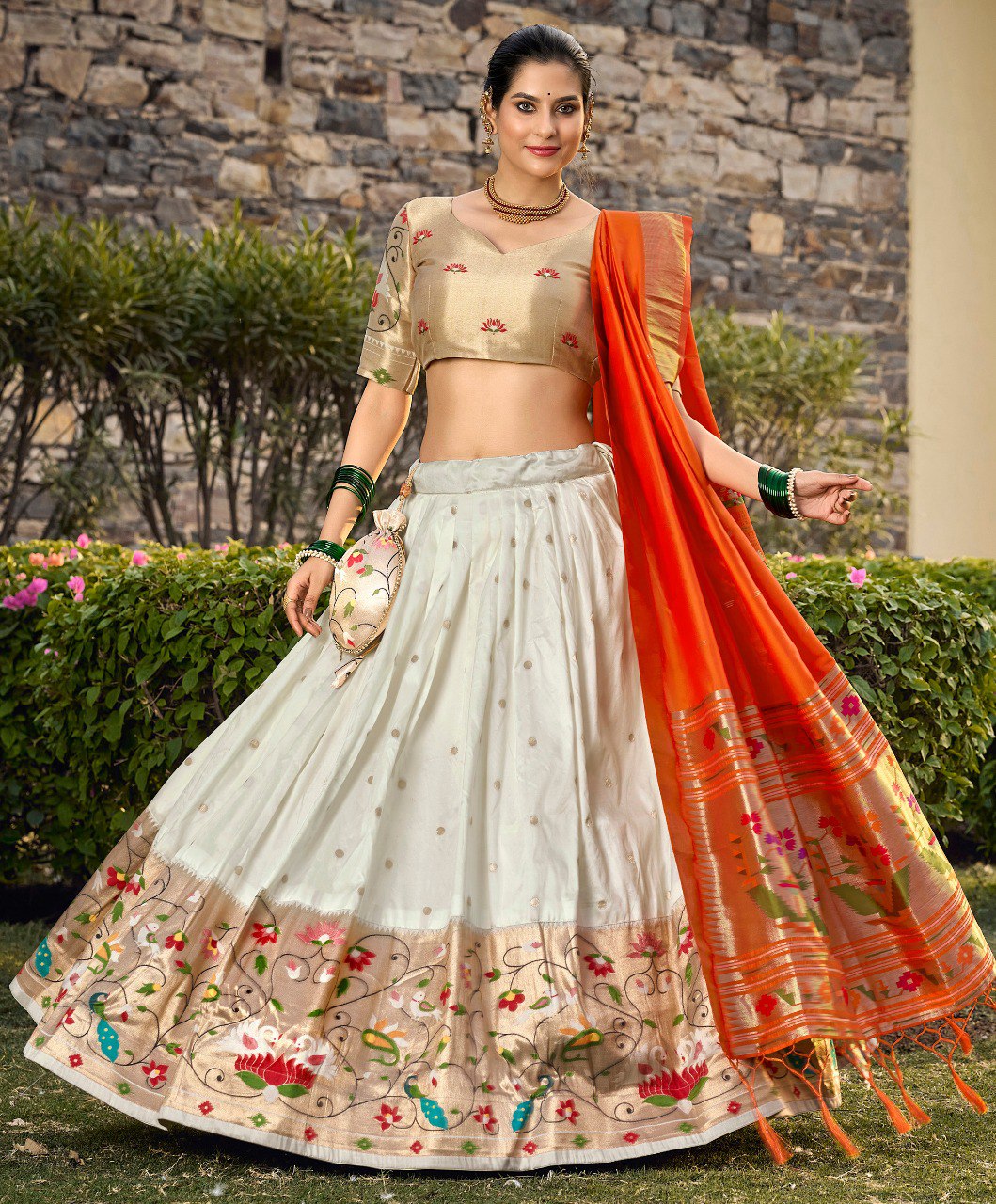 White Zari Woven Jacquard Silk Lehenga Set With Purse