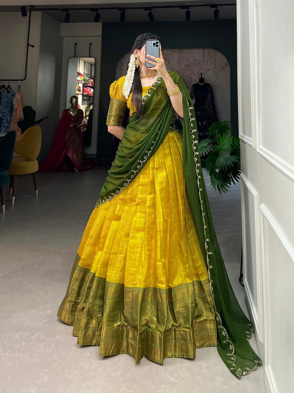 Kanjivaram Silk Yellow Lehenga Choli With Flowing Dupatta