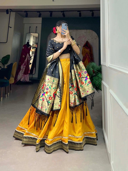 Yellow Color Vichitra Silk Lehenga Choli Set with Timeless Paithani Elegance