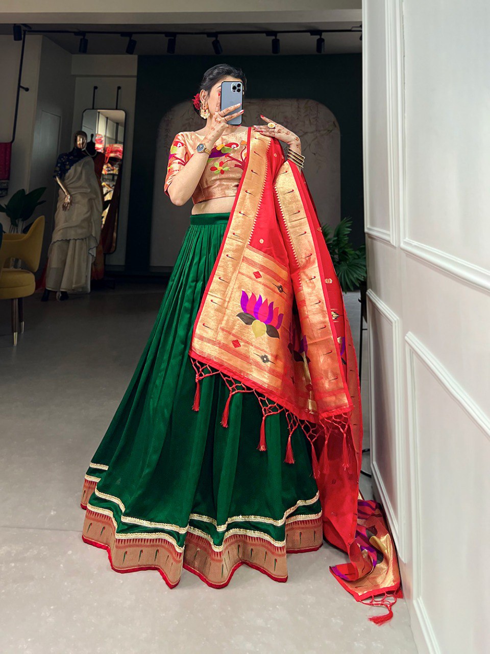 Green Color Plain With Paithani Lace Border Vichitra Silk Lehenga Choli