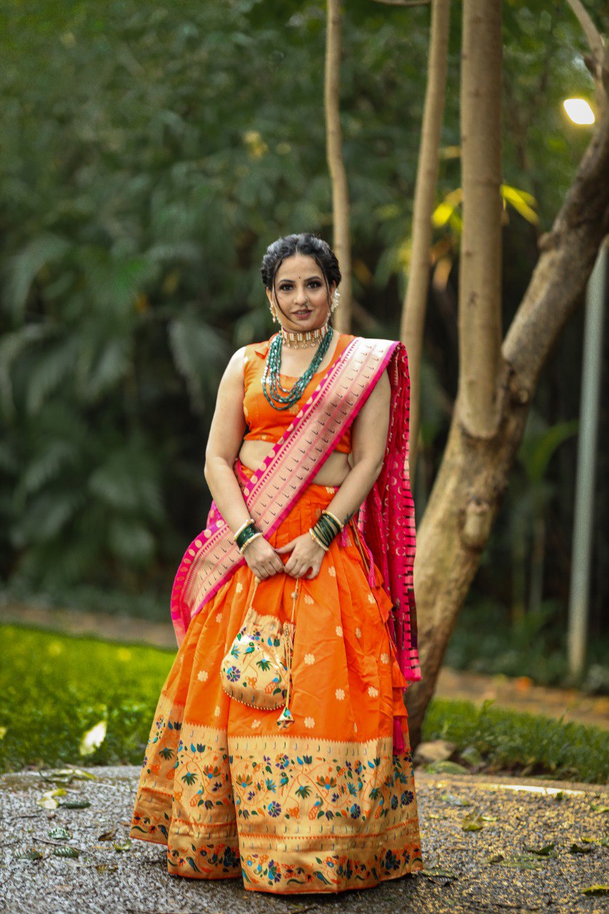 Designer Orange Color Jacquard Paithani silk Lehenga Choli