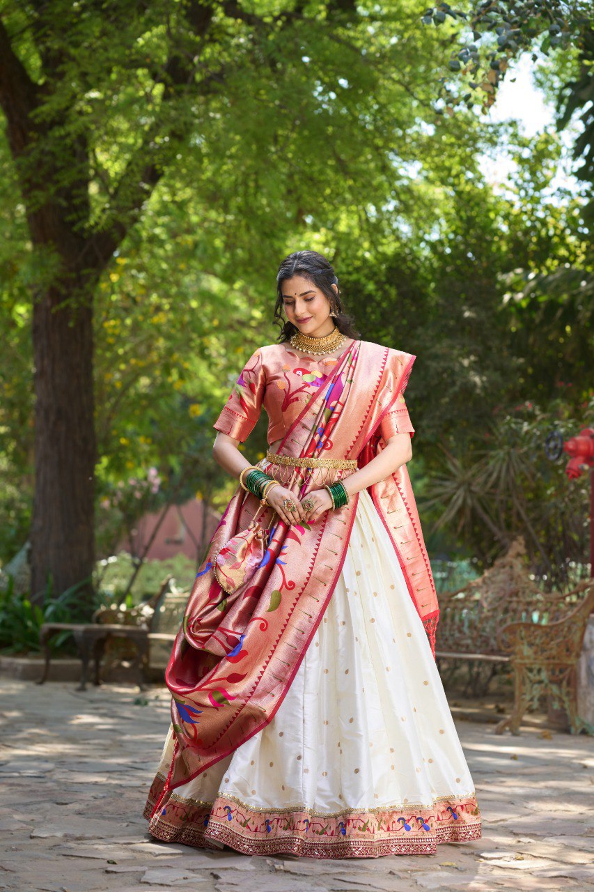 White Color Jacquard Silk Paithani Lehenga With Zari Work Lehenga Choli Set