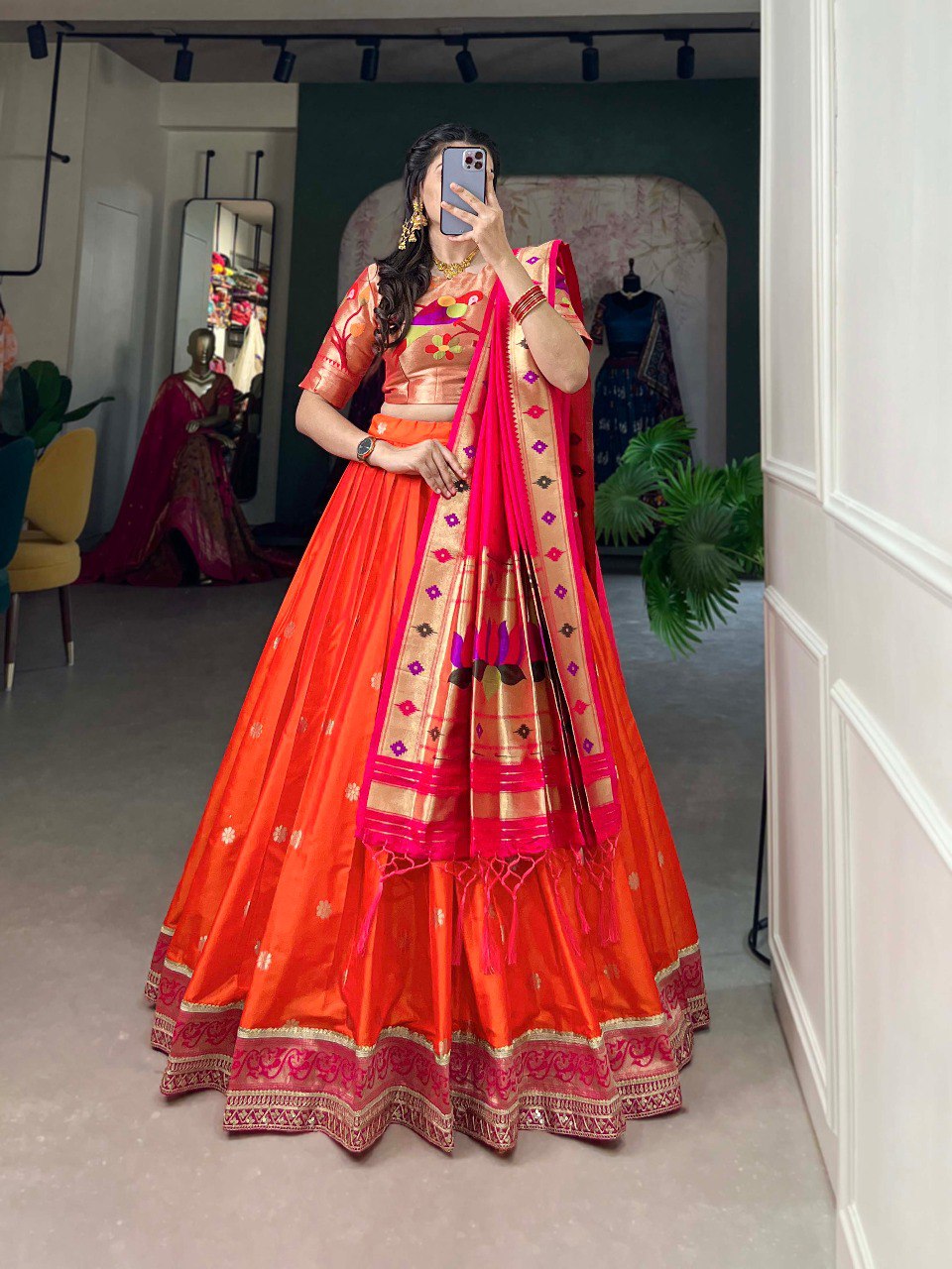 Orange Color Jacquard Paithani silk Lehenga Choli