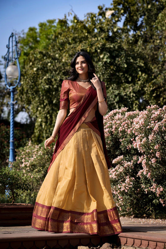 Cream Breathtaking South-Indian Kanchipuram Silk Lehenga Choli Set with Zari Weaving