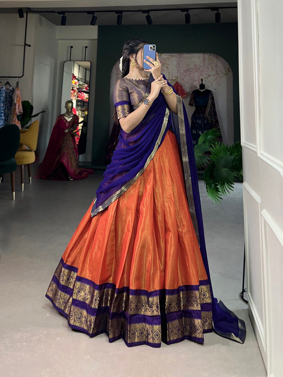 Orange Color Zari Weaving Work Kanchipuram Women Lehenga Choli