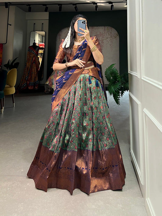 Emerald Green Weaved Zari Silk Flared Style South Indian Lehenga