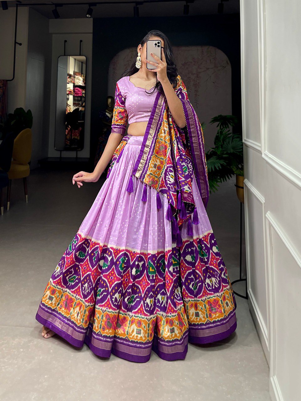 Lavender Color Patola Print With Foil Work Tussar Silk Lehenga Choli