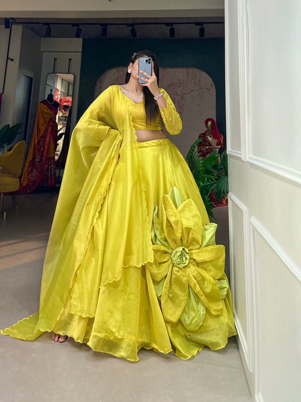 Yellow Lehenga Choli With Hand Made Flower