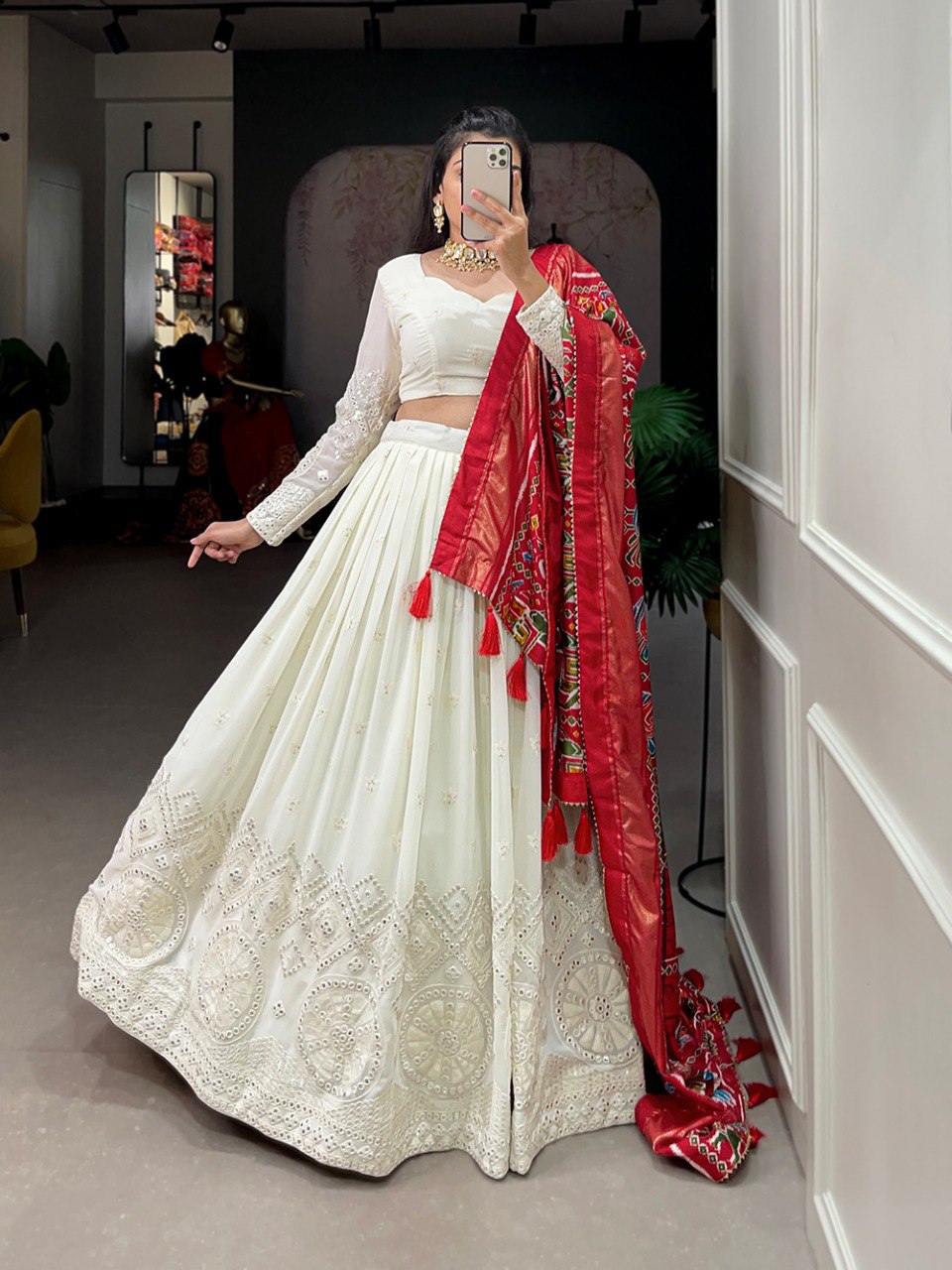 White Color Lucknowi Paper Mirror Work Georgette lehenga Choli